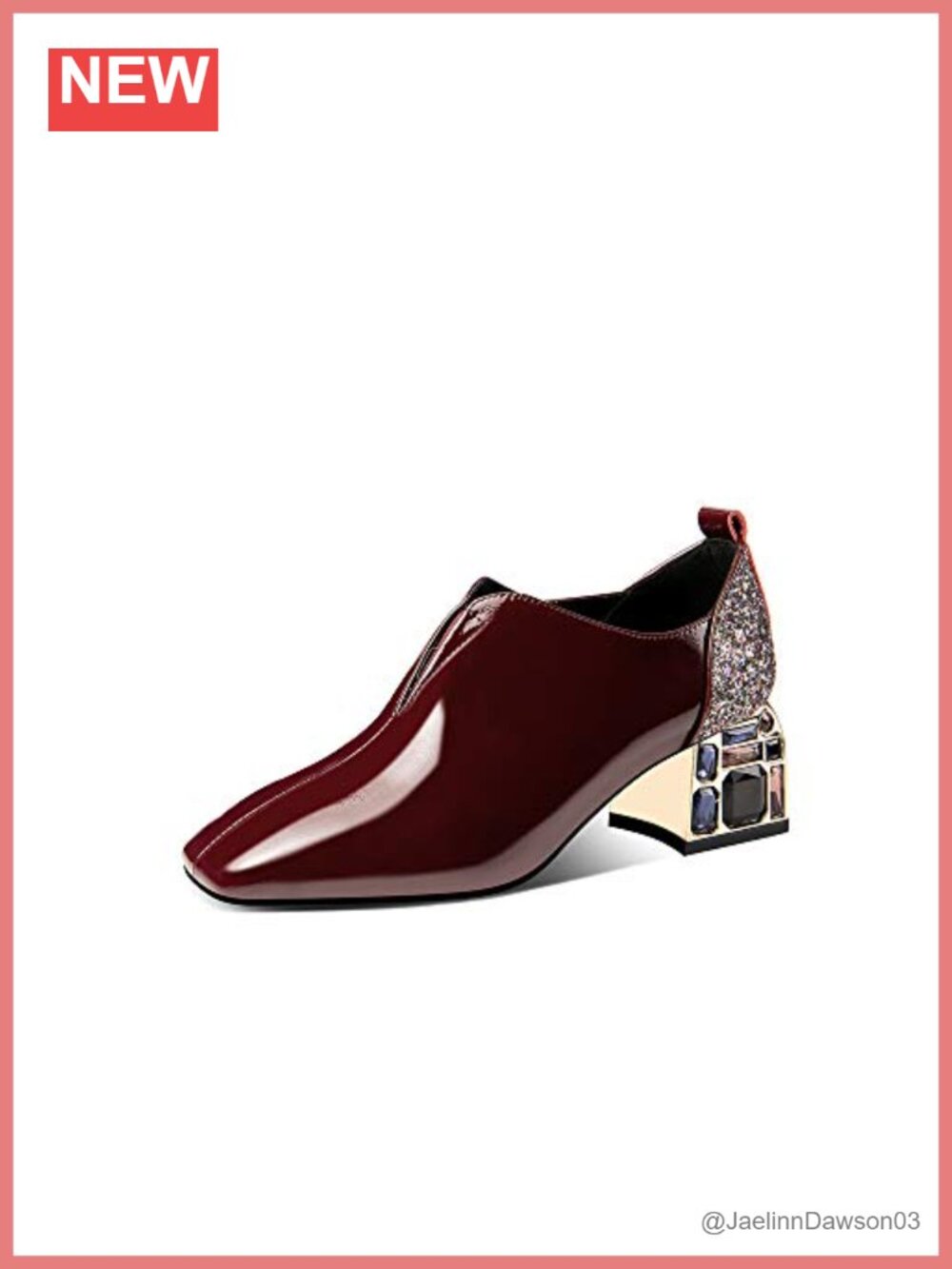 Handmade Rhinestone Pumps Women Slip-On Mid Heel Square Toe Faux Leather
